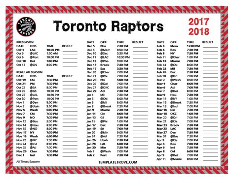 Printable 2017-2018 Toronto Raptors Schedule