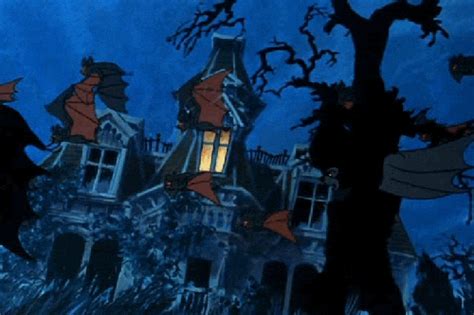 an animated image of a house with bats on it