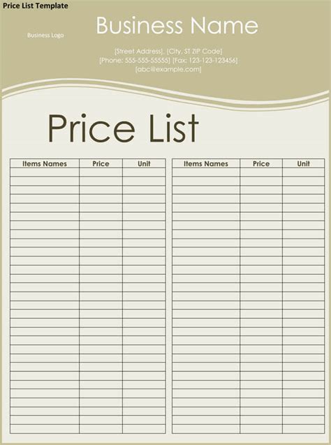 Editable Price List Template Word