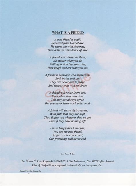 Six Stanza What Is A Friend Poem shown on