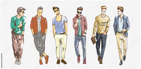 Fashion man. Collection of fashionable men s sketches on a white ...