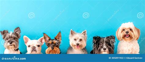 Adorable Group of Small Dog Breeds Posing Together on Blue Background Stock Illustration ...