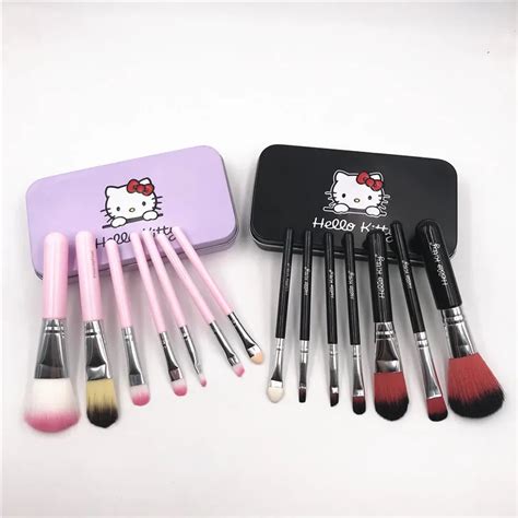 7Pcs Hello Kitty Makeup Brush Set with Iron Mini Box Make up Professional Facial Brushes Black ...