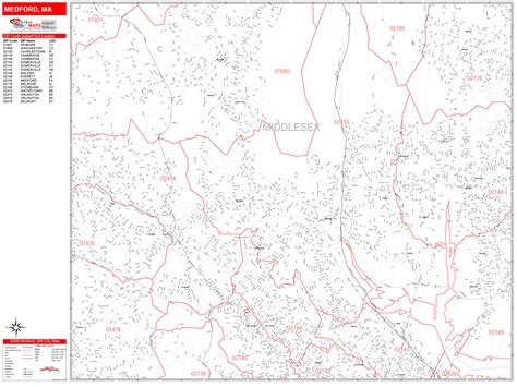 Medford Massachusetts Zip Code Wall Map (Red Line Style) by MarketMAPS - MapSales