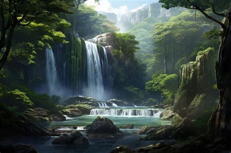 Premium AI Image | Serene Waterfall in Lush Forest Setting Generative AI