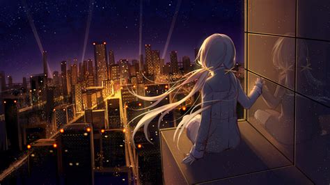 Wallpaper : city lights, sitting, reflection, night, stars, anime girls 1920x1080 - masonWASD ...