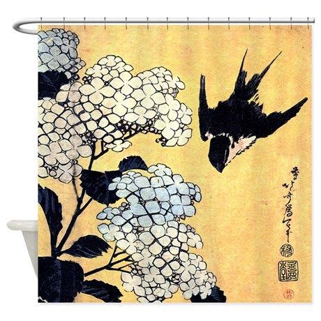 Hydrangea and swallow by Hokusai Shower Curtain | CafePress | Bird curtains, Shower curtain art ...