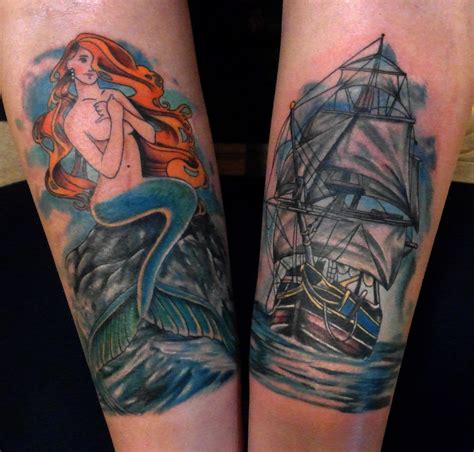 Mermaid and Ship Tattoo by; Tony Nguyen | Ship tattoo, Tattoos, Mermaid