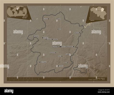 Limburg, province of Belgium. Elevation map colored in sepia tones with ...