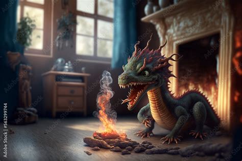 Cute fire dragon child, a baby dragon creature. Fantasy creature, a funny tiny fire dragon ...