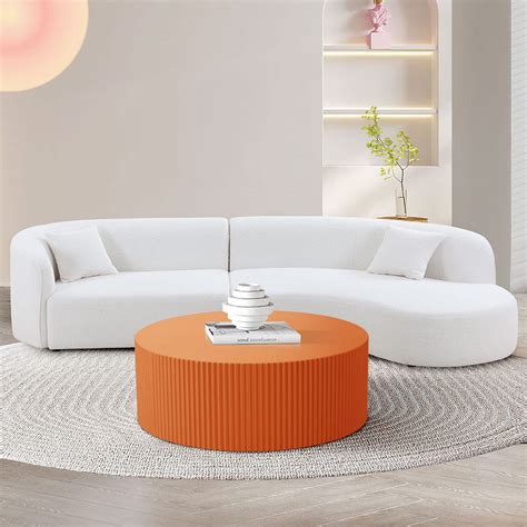 WILLIAMSPACE 35.43" Round Coffee Table, Matte Orange Wooden Large End Table for Living Room ...