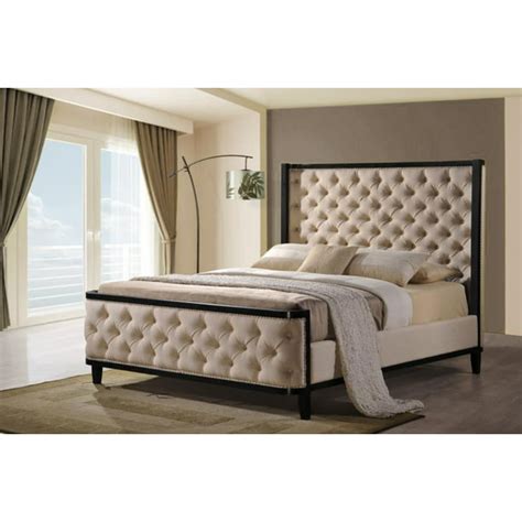Arcadia Tufted Linen Upholstered Bed Frame with High Padded Headboard ...