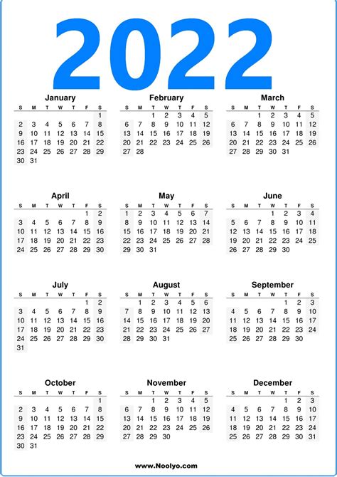 A4 Size 2022 Calendars Printable Free Vertical - Noolyo.com