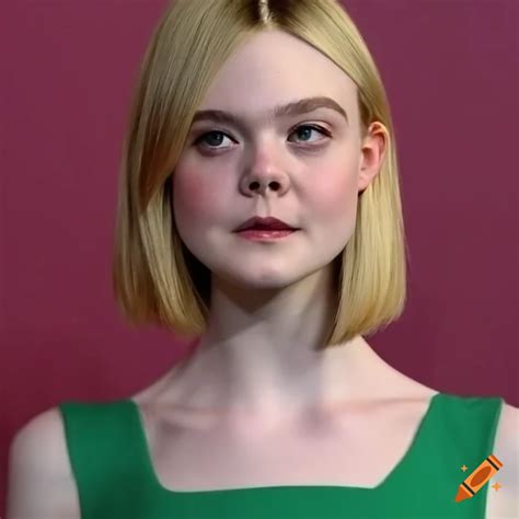 Elle fanning with straight bob haircut and green t-shirt on Craiyon