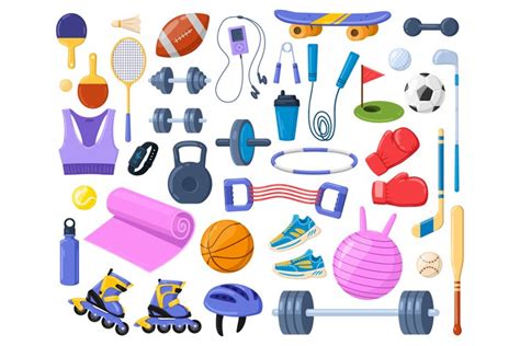 Cartoon sport equipment, fitness, athlete gym accessories. S