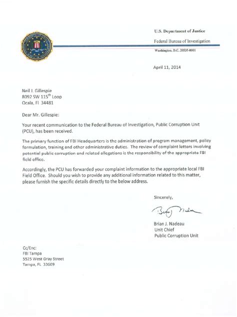 FBI letter Brian J. Nadeau referral Tampa Field Office