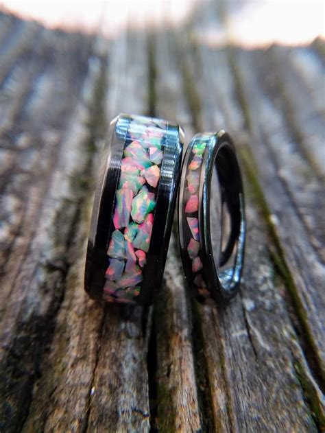 Black Ceramic Wedding Band Set With White Fire Opal Inlay - Etsy