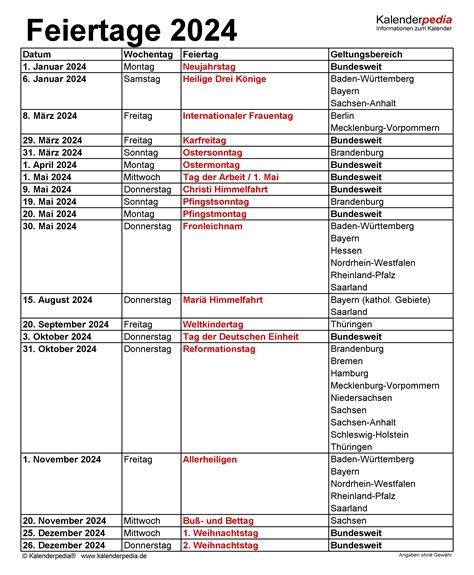 Feiertage 2024 in Deutschland mit druckbaren Vorlagen