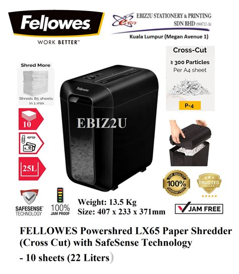 FELLOWES Powershred LX65 Paper Shredder (Cross Cut) 4 x 40 mm - 10 sheets (22 Liters) with ...