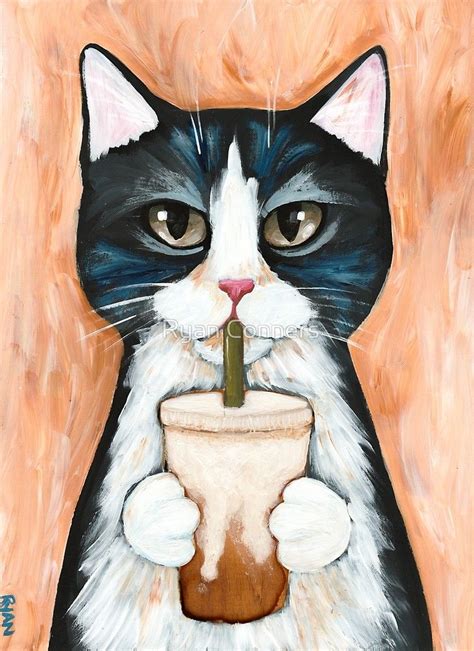 "Tuxedo Cat with Iced Coffee" by Ryan Conners | Redbubble | Cats ...