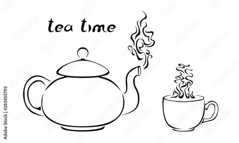 Teapot and cup with steaming tea isolated on white background. Vector ...