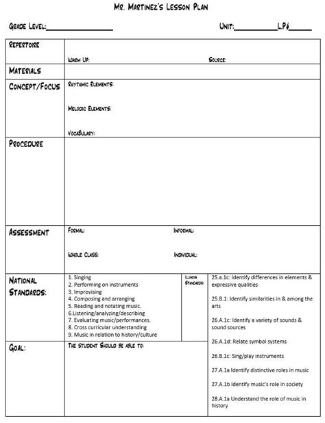 Music Teacher Lesson Plan Template Focus (concept & Skills Emphasized), Classroom Strategies ...