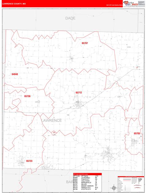 Lawrence County, MO Zip Code Wall Map Red Line Style by MarketMAPS - MapSales.com