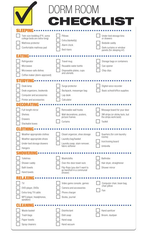 Printable College Dorm Checklist - Printable Templates