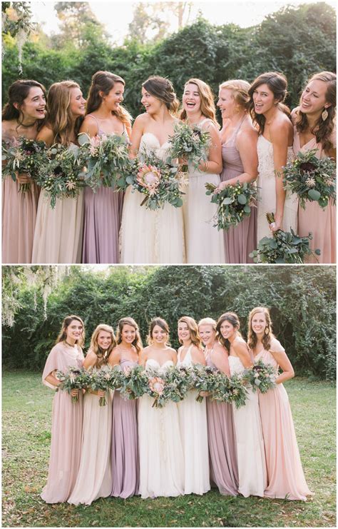 Bridesmaid fashion, leafy wedding bouquets, blush colored and lavender ...