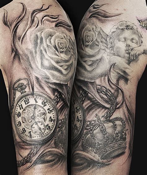 Rose, pocket clock, little angel, crown tattoo | Tatuar