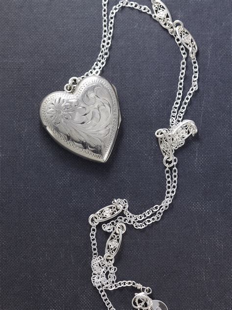 Sterling Silver Heart Locket Necklace, Vintage Photo Pendant with Special Filigree Chain ...