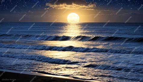 Premium AI Image | Night ocean landscape full moon and stars shine