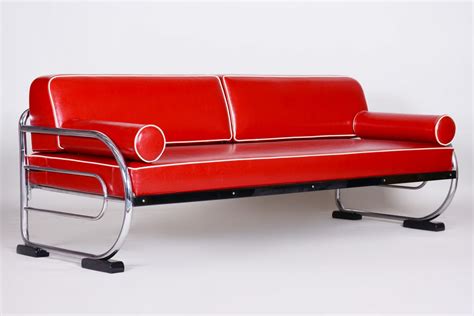 Bauhaus Red Tubular Chromed Steel Sofa by Robert Slezák, 1930s | #119876