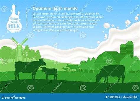 Vector Milk Illustration with Cows, Calves, Farm and Milk Splash Stock Vector - Illustration of ...