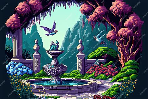 Premium AI Image | Pixel art fantasy garden in magic forest mystical garden background in retro ...