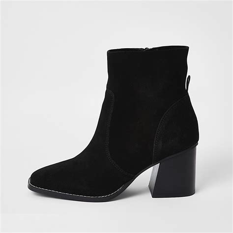 Black suede block heel ankle boots | River Island