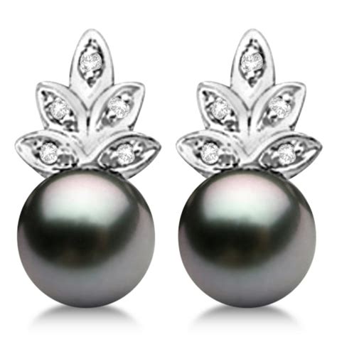 Akoya Cultured Black Pearl & Diamond Floral Earrings 14K W. Gold 7mm ...