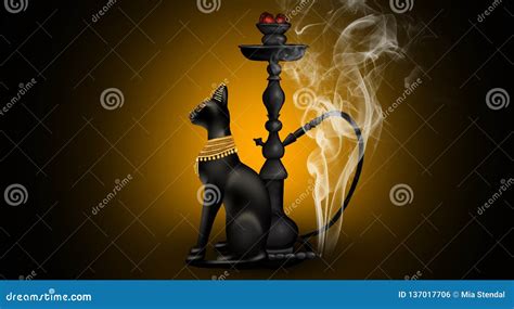 Hookah with Coals, Black on a Gold Background, Egyptian Cat Bastet, Smoke, Hieroglyphs Stock ...