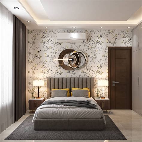 Modern Master Bedroom With Floral Wallpaper | Livspace