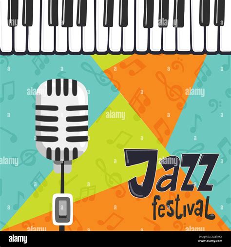 Jazz festival illustration of modern piano key background with microphone for concert or live ...