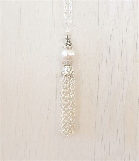 Pearl Tassel Necklace Silver Tassel Necklace White Pearl - Etsy