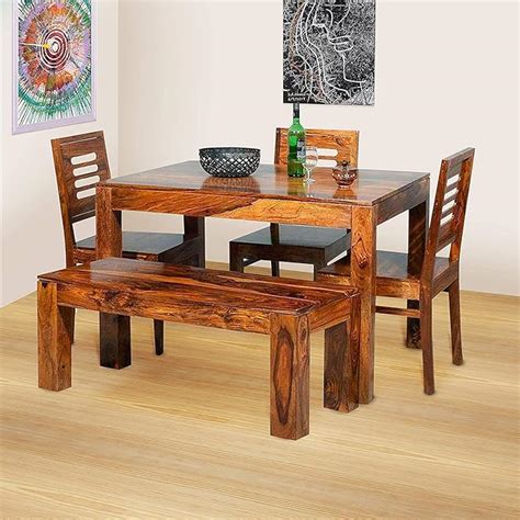 Global Home Decor Solid Sheesham Teak Wood Wooden Dining Table 4 Seater | Dining Table Set with ...