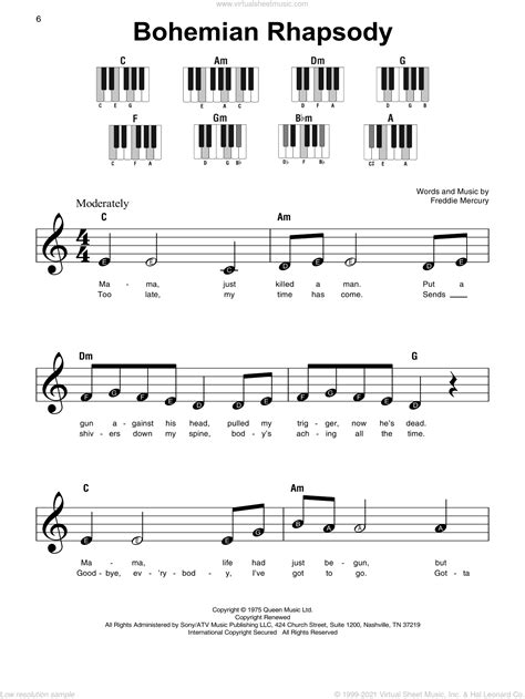 Queen - Bohemian Rhapsody, (beginner) sheet music for piano solo