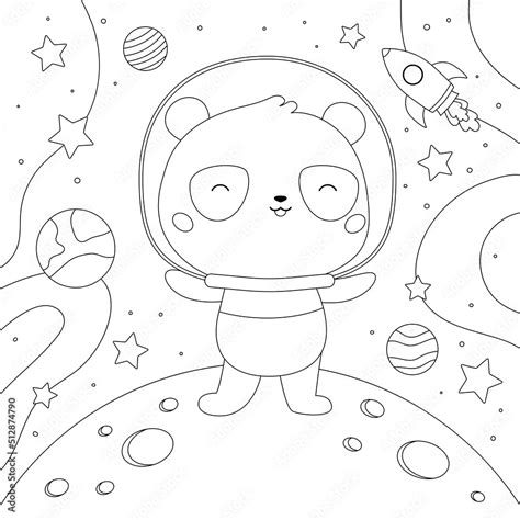 Vecteur Stock Coloring page with cute panda, planets, moon and stars on ...