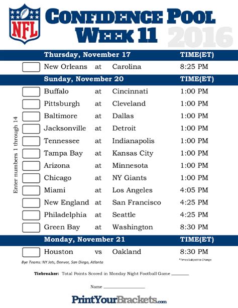 NFL Week 11 Confidence Pool Sheet - Printable