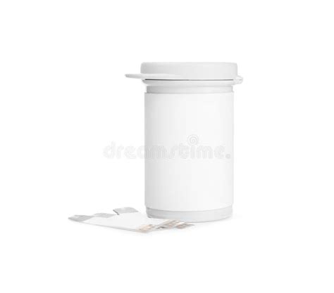 Container and Test Strips on White Background. Diabetes Control Stock ...