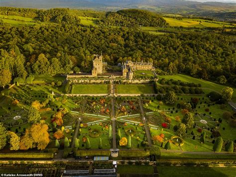 Stunning aerial images show golden glow of Drummond Castle Gardens as ...