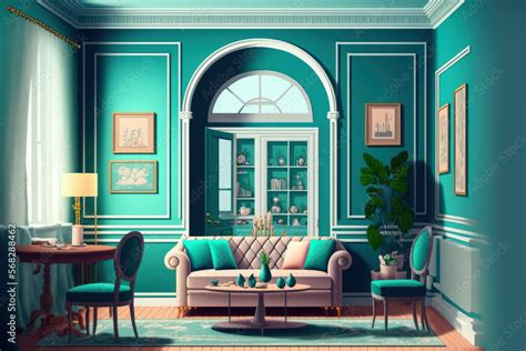 Panorama of elegant and small living room with dining area ane with teal blue wall with molding ...