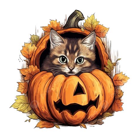 Cat Hiding In The Pumpkin Hand Drawn Halloween Illustration, Hand Drawn Cat, Cat Sticker, Cat ...