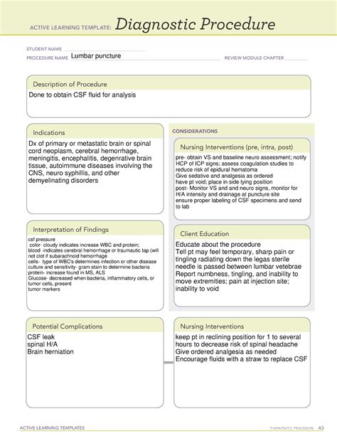 Lumbar puncture - ATI procedure sheet - ACTIVE LEARNING TEMPLATES THERAPEUTIC PROCEDURE A ...